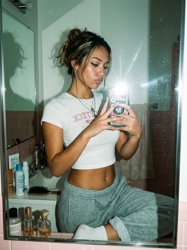 Flash Mirror Selfie in Retro Bathroom preview image 1