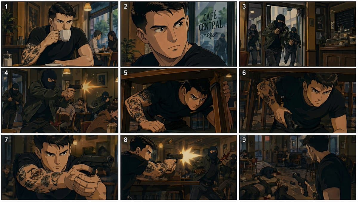 90 年代动漫咖啡馆枪战故事板 preview image 1