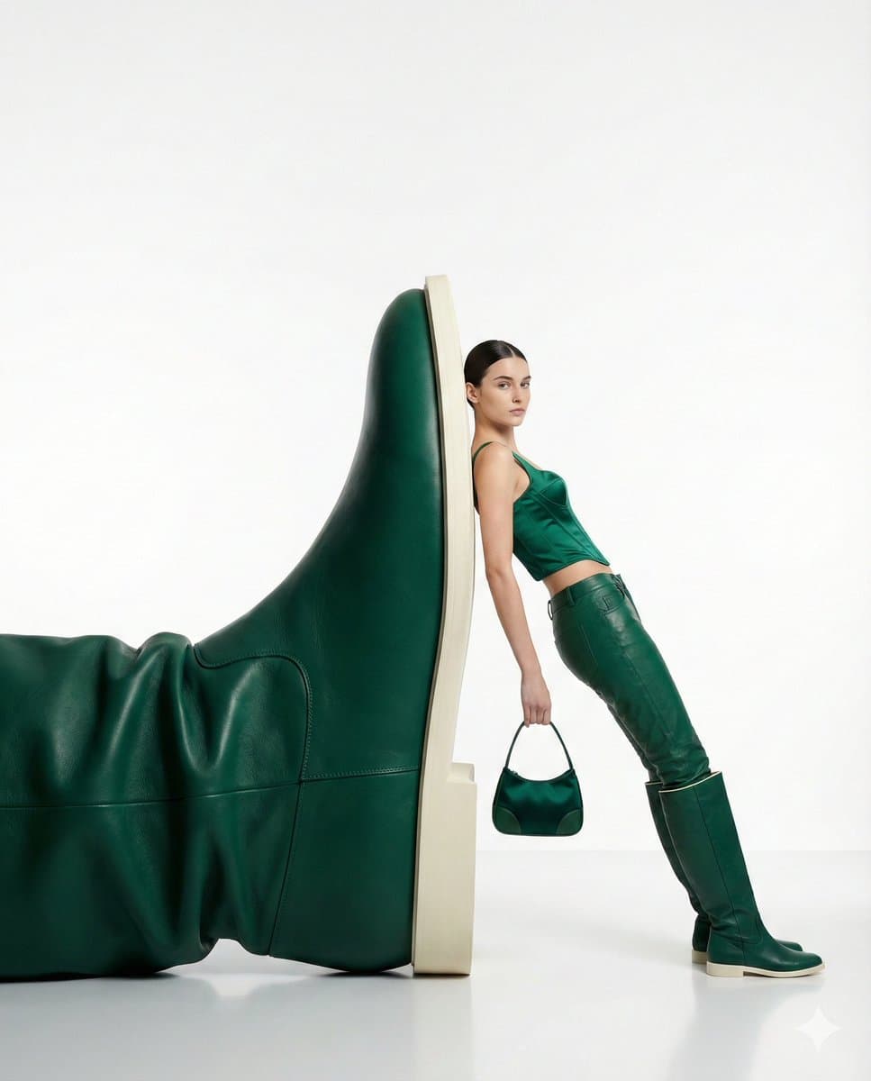 View full prompt & copy{ "style": "high-fashion editorial photography with a minimalist surrealist concept", "subject": "a self-assured woman casually leaning beside an enormous green leather boot installation", "pose": "relaxed but commanding full-body stance, torso slightly angled, one hand carrying a compact handbag", "outfit": { "top": "sleek emerald green sleeveless fitted top", "bottom": "coordinated green leather trousers", "footwear": "knee-high green leather boots", "accessories": "small structured handbag in matching green leather" }, "composition": { "scale": "surreal oversized footwear sculpture contrasted against the human model", "framing": "centered full-body fashion campaign frame with clean negative space", "background": "seamless pure white studio backdrop", "floor": "glossy white floor with soft reflections" }, "lighting": { "type": "soft controlled studio illumination", "mood": "clean, luxurious, premium editorial atmosphere", "shadows": "subtle natural shadows with polished control" }, "color_palette": "monochrome emerald and leather green tones set against neutral white", "camera": { "angle": "eye-level perspective", "lens": "85mm fashion portrait lens", "depth_of_field": "crisp subject detail with a smooth, distraction-free studio background" }, "vibe": "modern luxury fashion campaign, confident styling, surreal elegance, magazine-ready presentation", "quality": "ultra-high resolution, sharp details, polished commercial editorial finish" }Generate image preview image 2